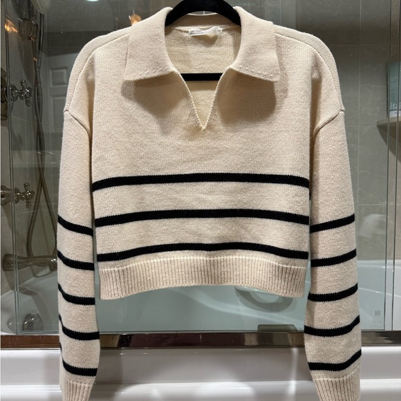 OAK + FORT Sweaters - OAK + FORT Cream and Black Cropped V-Neck Sweater